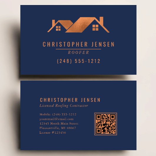 Roofer QR Code Roofing Business Navy Blue Copper Visitenkarte