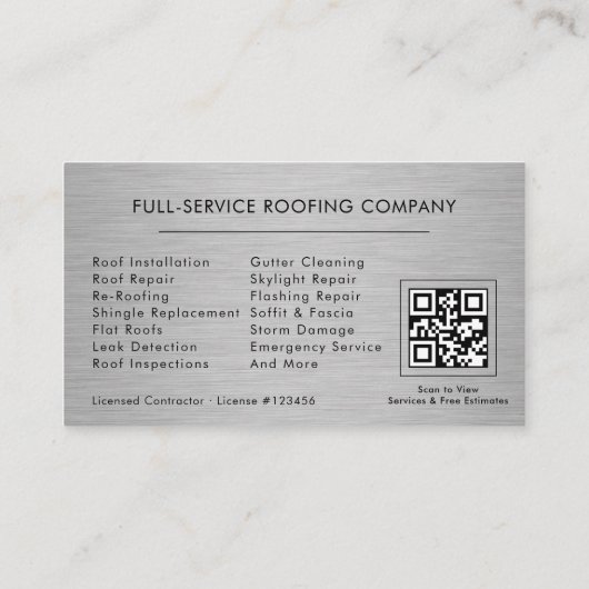 Roofing Roofer Contractor Metallic QR Code Visitenkarte (Rückseite)