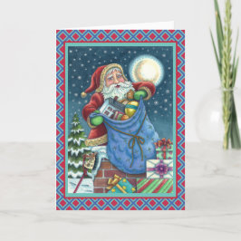 ROOFTOP SANTA BAG of TOYS, DOLLHOUSE, HOBBYHORSE Feiertagskarte