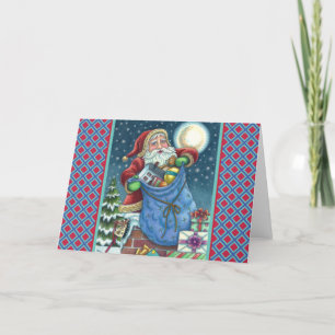 ROOFTOP SANTA BAG of TOYS, DOLLHOUSE, HOBBYHORSE Feiertagskarte