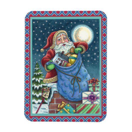 ROOFTOP SANTA BAG of TOYS, DOLLHOUSE, HOBBYHORSE Magnet (Vertikal)