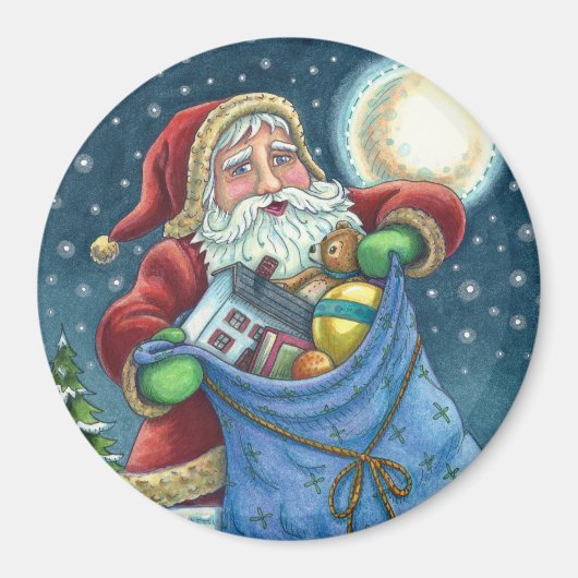 ROOFTOP SANTA BAG of TOYS, DOLLHOUSE, HOBBYHORSE Magnet (Vorne)