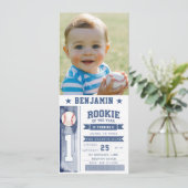 Rookie Baseball Foto Blue Boy Birthday Einladung (Stehend Vorderseite)