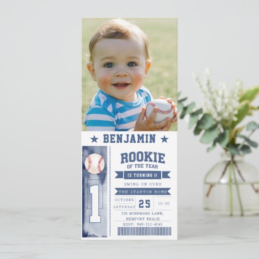 Rookie Baseball Foto Blue Boy Birthday Einladung (Stehend Vorderseite)