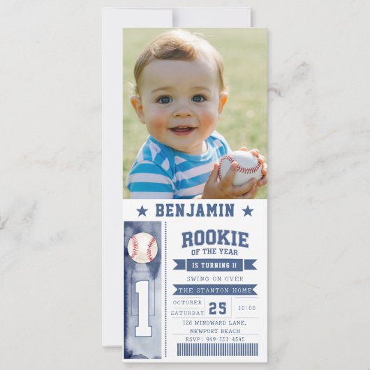 Rookie Baseball Foto Blue Boy Birthday Einladung (Vorderseite)