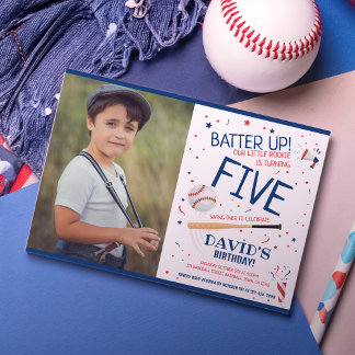 Rookie Batter Up Blue Baseball Foto Geburtstag Einladung