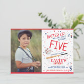 Rookie Batter Up Red Baseball Foto Geburtstag Einladung (Stehend Vorderseite)