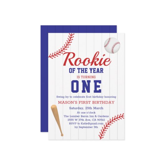 Rookie des Jahres Baseball 1. Geburtstag Einladung (Vorderseite/Rückseite Beispiel)