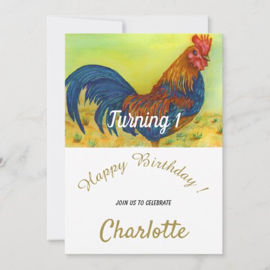 Rooster 1. Geburtstag Einladung (Vorderseite)