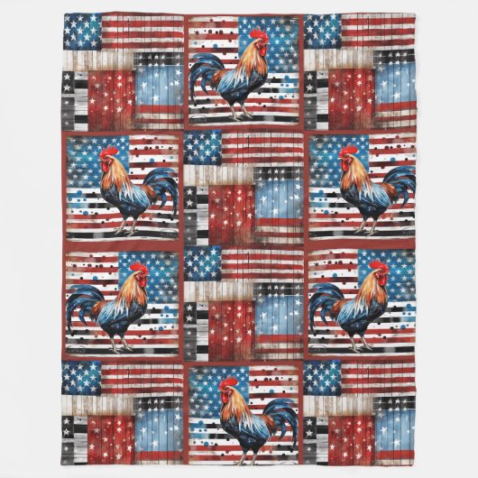 Rooster American Flag Folk Art Quilt Fleecedecke (Vorderseite)