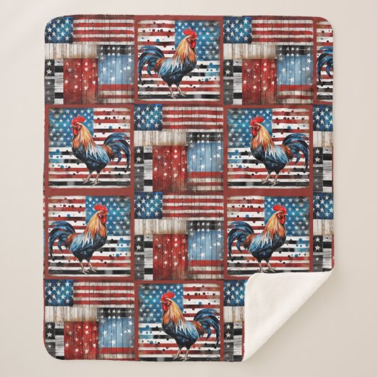 Rooster American Flag Folk Art Quilt Sherpadecke (Vorderseite)
