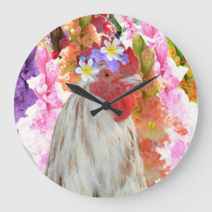 Rooster And Hollyhock Flowers, Große Wanduhr