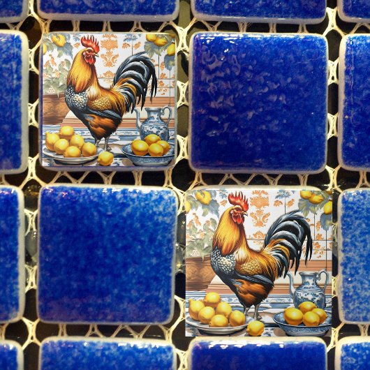 Rooster and Lemons Azulejo Style Blue Orange Cream Fliese