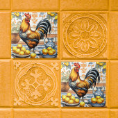 Rooster and Lemons Azulejo Style Blue Orange Cream Fliese