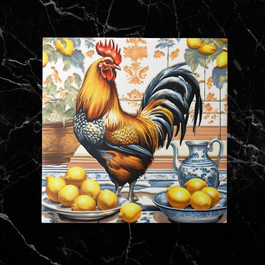 Rooster and Lemons Azulejo Style Blue Orange Cream Fliese