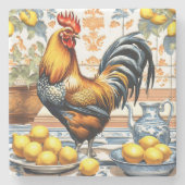 Rooster and Lemons Azulejo Style Blue Orange Cream Steinuntersetzer (Vorderseite)