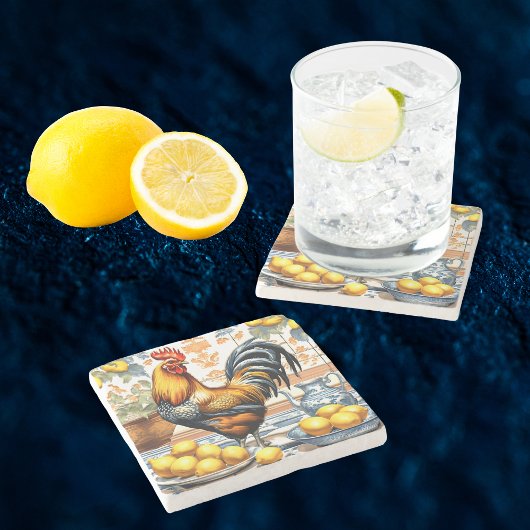 Rooster and Lemons Azulejo Style Blue Orange Cream Steinuntersetzer