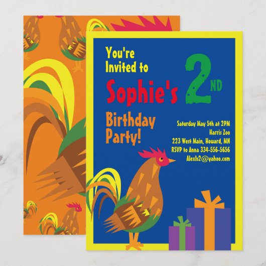 Rooster Animal Kid's Birthday Party Einladungen (Vorne/Hinten)