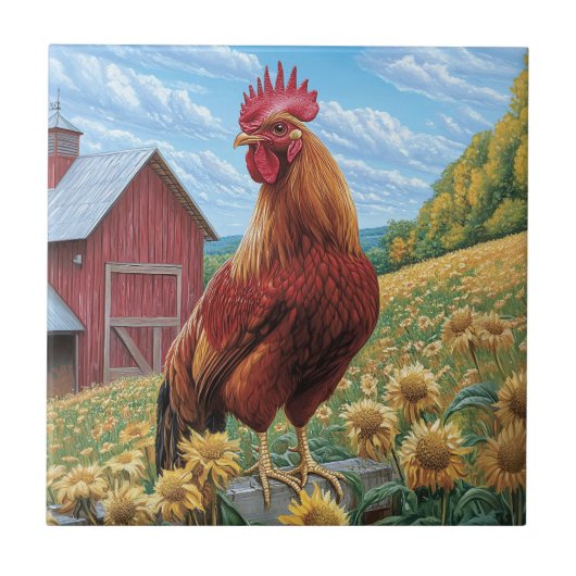Rooster auf einer Sonnenblumenzucht Fliese (Vorderseite)