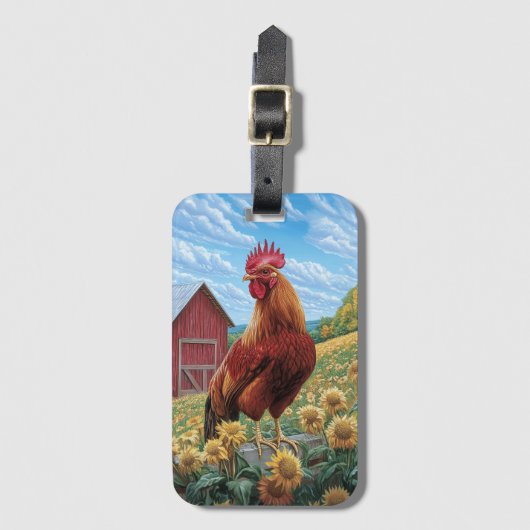 Rooster auf einer Sonnenblumenzucht Gepäckanhänger (Vorderseite Vertikal)