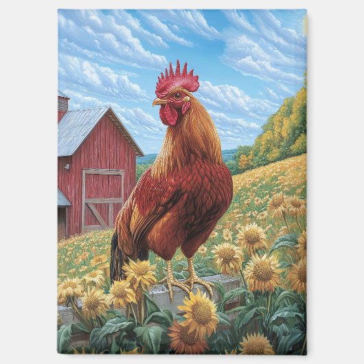 Rooster auf einer Sonnenblumenzucht Magnet (Vorderseite)