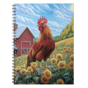 Rooster auf einer Sonnenblumenzucht Notizblock
