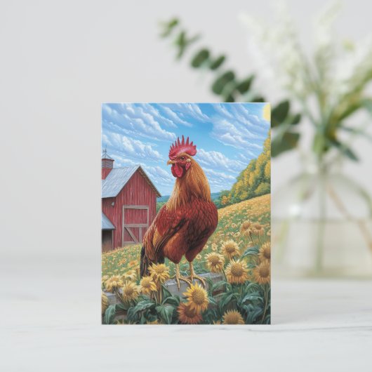 Rooster auf einer Sonnenblumenzucht Postkarte (Stehend Vorderseite)