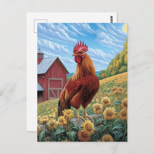 Rooster auf einer Sonnenblumenzucht Postkarte (Vorne/Hinten)
