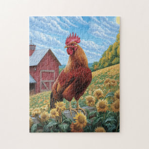 Rooster auf einer Sonnenblumenzucht Puzzle