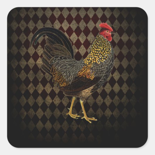 Rooster auf Harlequin Quadratischer Aufkleber (Vorderseite)