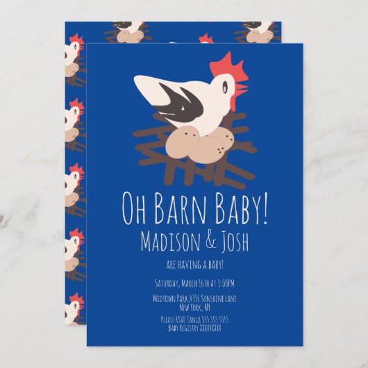 Rooster Barn Animals Farm Baby Dusche Art Blue Einladung (Vorne/Hinten)