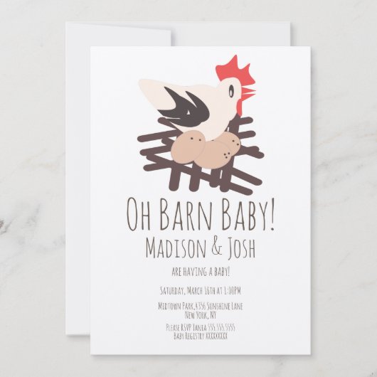 Rooster Barn Animals Farm Baby Dusche Art Invitati Einladung (Vorderseite)