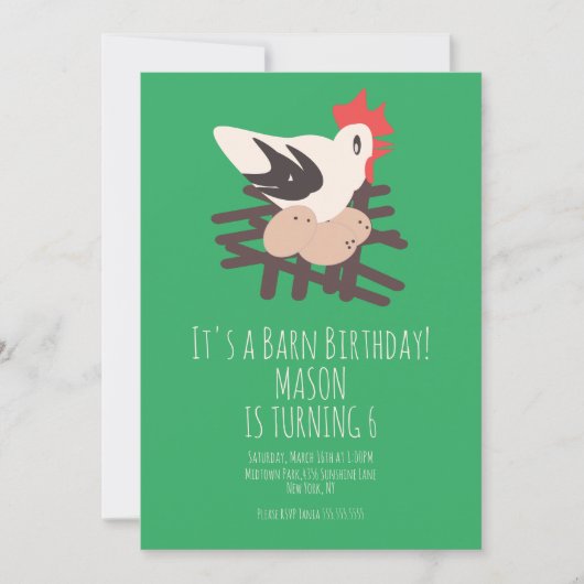 Rooster Barn Animals Farm Geburtstag Art Green Einladung (Vorderseite)