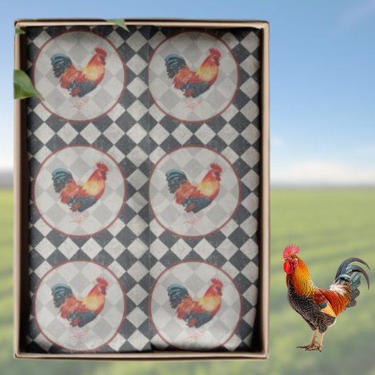 Rooster Black White Checkered French Farmhouse   Seidenpapier