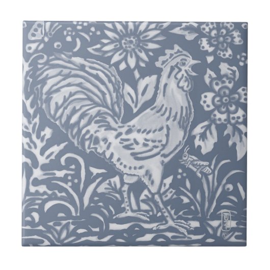 Rooster Blaue Botanische Delft Malerei Fliese (Vorderseite)