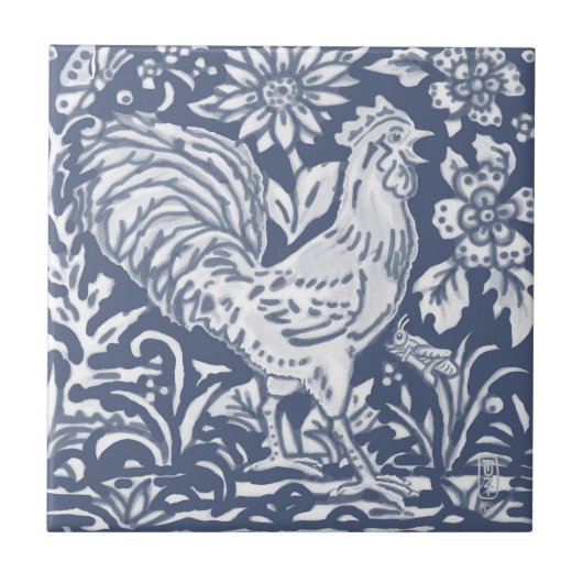 Rooster Blue White Botanical Delft Denim Keramik T Fliese (Vorderseite)