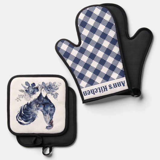"Rooster" Blue Willow Style Custom Ofenhandschuh & Topflappen-Set (Vorderseite/Rückseite)