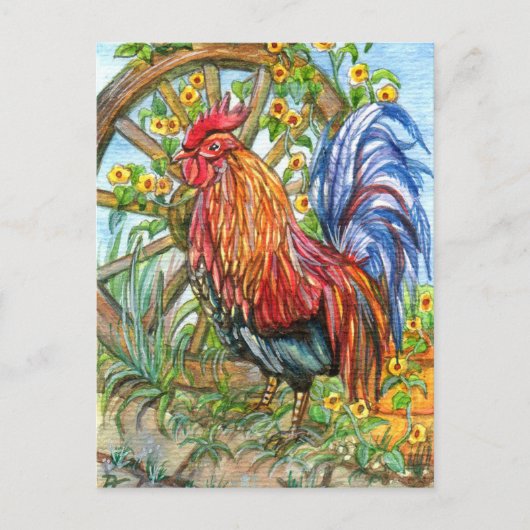 Rooster by Wheel Garden Postkarte (Vorderseite)