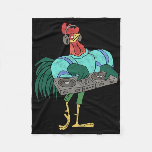 Rooster Cartoon Dj With Turntables Distressed Fleecedecke (Vorderseite)