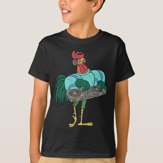 Rooster Cartoon Dj With Turntables Distressed T-Shirt (Vorderseite)