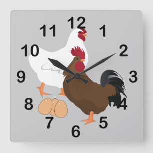 Rooster Chicken Eggs Square Wall Clock Quadratische Wanduhr
