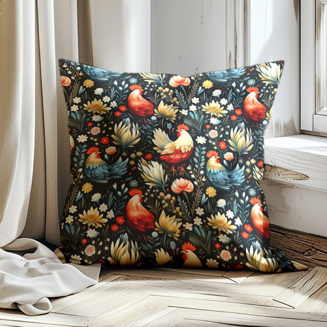 Rooster Chicken Farmhouse Navy Blue Farm Kissen (Red and blue rooster pattern on black decorator pillow)