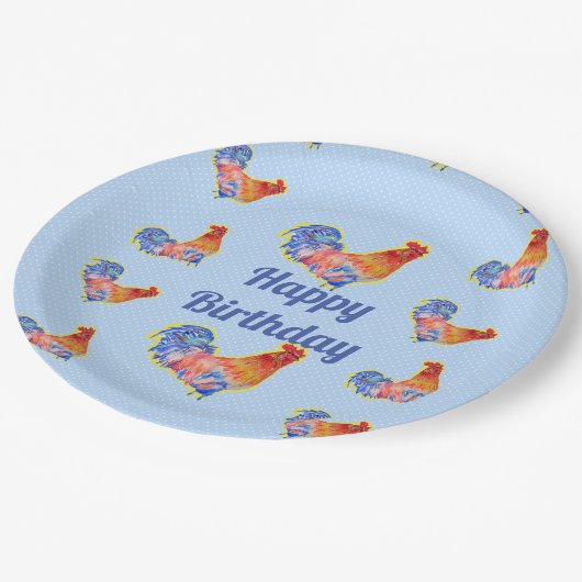 Rooster Chickens Boys Happy Birthday Pappteller (Schrägansicht)
