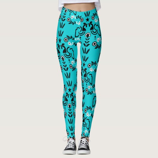 Rooster Cockerel Skandinavien Folklorekunst Leggings (Vorderseite)