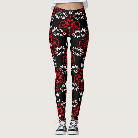 Rooster Cockerel Skandinavien Folklorekunst Leggings (Vorderseite)