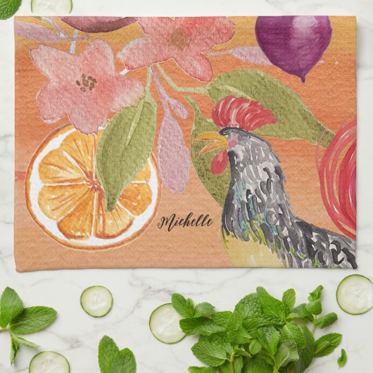 Rooster Country Scene Wasserfarbe Handgemalt Geschirrtuch (Gefaltet)