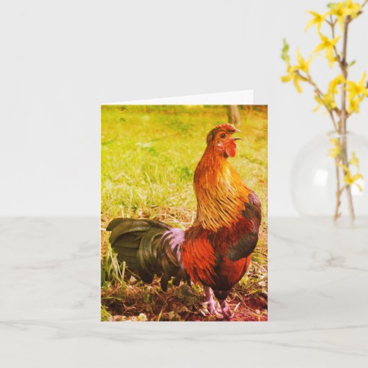 Rooster Crowing Farm Animal Art Note Card Karte (Gelbe Blume)