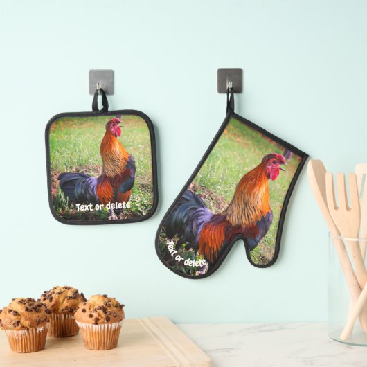 Rooster Crowing Farm Tier Personalisiert Ofenhandschuh & Topflappen-Set (Insitu (Hängend))