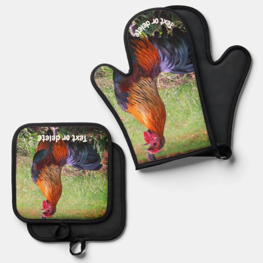 Rooster Crowing Farm Tier Personalisiert Ofenhandschuh & Topflappen-Set (Vorderseite/Rückseite)
