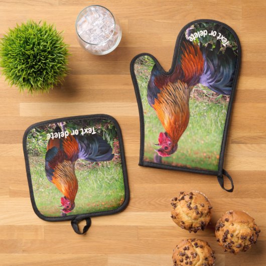 Rooster Crowing Farm Tier Personalisiert Ofenhandschuh & Topflappen-Set (Oben Unten)